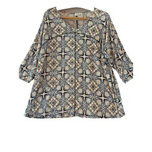 Artisan NY Women's 2X Boho Tunic Top Viscose Stretch Hippie Print Stitch Detail